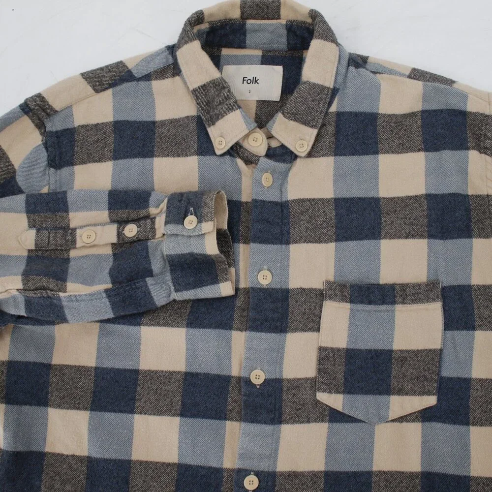 FOLK flannel shirt men's 2 long sleeve button down plaid cotton one pocket